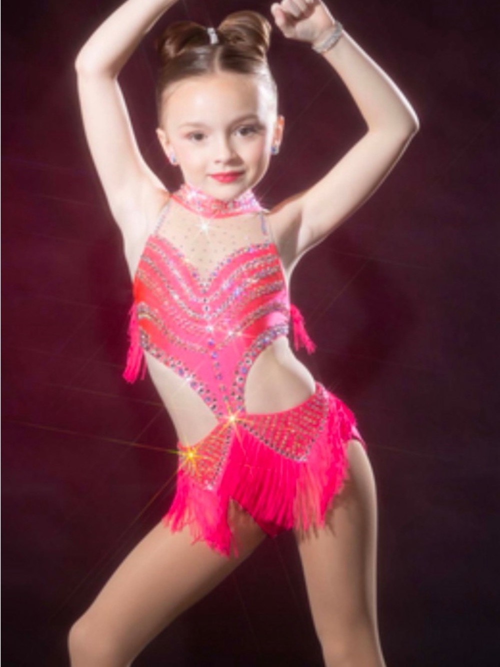 Glamour Neon Pink Fringe Dance Leotard with Rhinestones